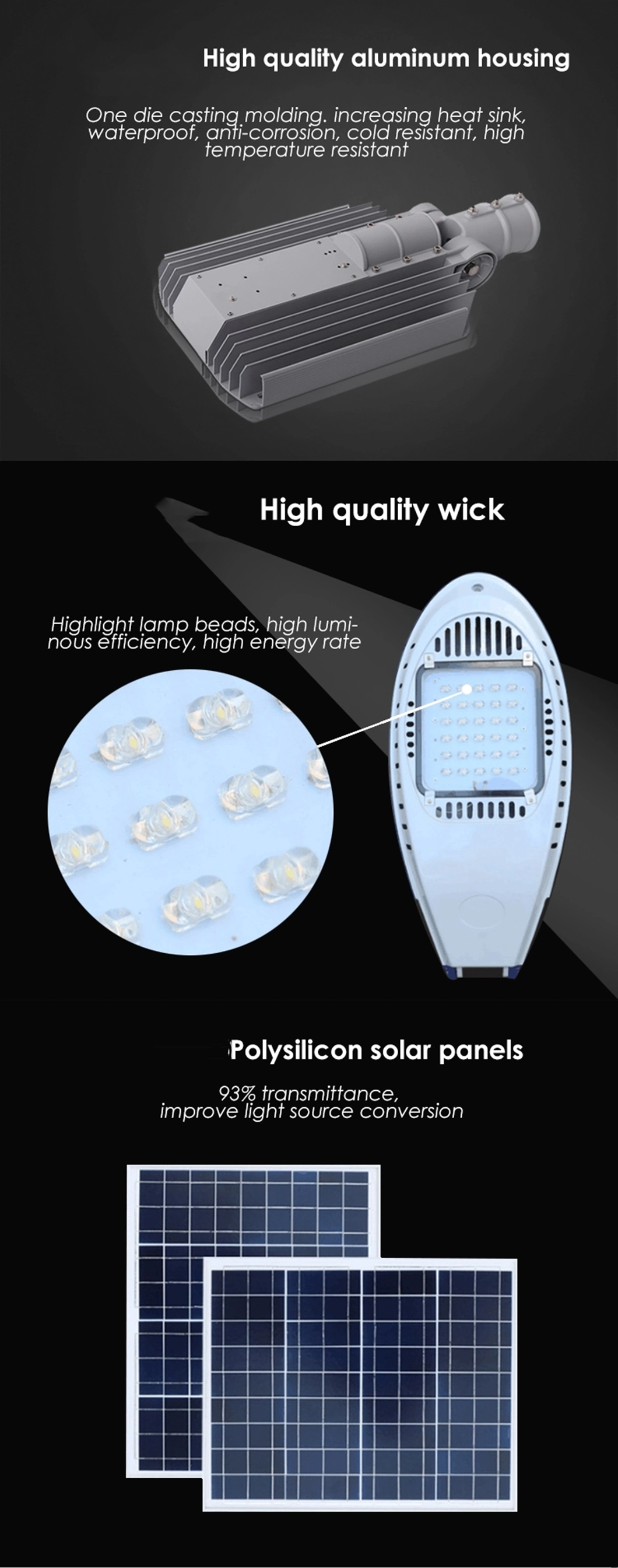 Outdoor Waterproof High Efficiency Energy Saving Waterproof IP65 LED Solar Street Light with Panel and Lithium Battery