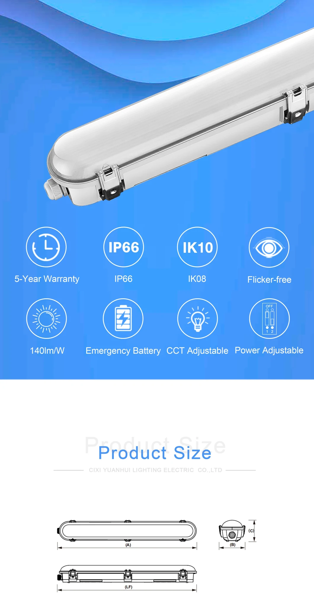 IP66 Fixture Connector Lled Tunnel Tri-Proof Lighting, LED Triproof Tube Light 54W Waterproof Light